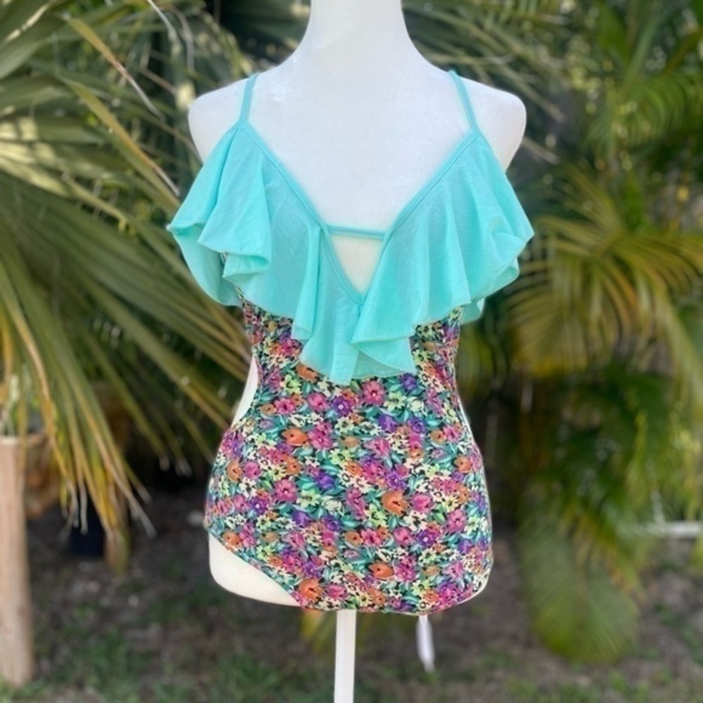 Reverse Teal and Floral One Piece Swimsuit Size Large